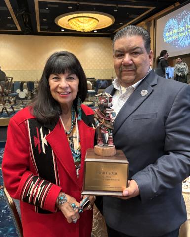 Soboba Tribal Chairman Isaiah Vivanco is congratulated by Yuhaaviatam of San Manuel Nation Chairwoman Lynn Valbuena after receiving the American Indian Chamber of Commerce of California’s Warrior Award Soboba Tribal Chairman Isaiah Vivanco is congratulated by Yuhaaviatam of San Manuel Nation Chairwoman Lynn Valbuena after receiving the American Indian Chamber of Commerce of California’s Warrior Award