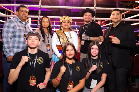 At the War in the Empire boxing event at the Soboba Casino Resort Event Center are, back row from left, Soboba Tribal Chairman Isaiah Vivanco, Vice Chairwoman Geneva Mojado, $ovóova Po'$wáamay (Daughter of Soboba) Su’la Arviso, Wade Abbas and Dave Trujillo. Front row, from left, are members of the HOPSC Youth Mentorship Program Malikah Salazar, Lillian Deisher and Amaya Abbas At the War in the Empire boxing event at the Soboba Casino Resort Event Center are, back row from left, Soboba Tribal Chairman Isaiah Vivanco, Vice Chairwoman Geneva Mojado, $ovóova Po'$wáamay (Daughter of Soboba) Su’la Arviso, Wade Abbas and Dave Trujillo. Front row, from left, are members of the HOPSC Youth Mentorship Program Malikah Salazar, Lillian Deisher and Amaya Abbas