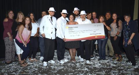 First place winners at the Soboba Foundation & Soboba Casino 11th annual Lip Sync Contest are congratulated by Soboba Tribal Council members, Soboba Foundation members and others as they receive the top prize of $5,000 First place winners at the Soboba Foundation & Soboba Casino 11th annual Lip Sync Contest are congratulated by Soboba Tribal Council members, Soboba Foundation members and others as they receive the top prize of $5,000