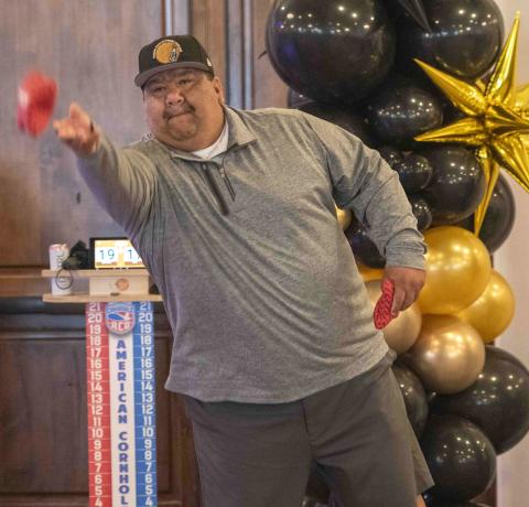 Soboba Tribal Council Chairman Isaiah Vivanco pitches a corn bag during the first day of action at the Soboba Switch Cornhole Tournament, an event that replaced the 11th annual Charity Golf Tournament which benefits local nonprofits Soboba Tribal Council Chairman Isaiah Vivanco pitches a corn bag during the first day of action at the Soboba Switch Cornhole Tournament, an event that replaced the 11th annual Charity Golf Tournament which benefits local nonprofits