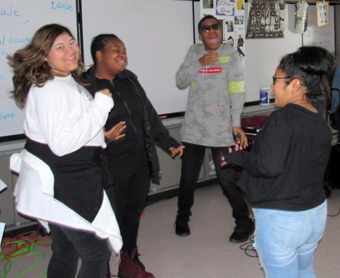 Joseph Blackburn is joined by “back-up” singers and dancers Melody Bernal, Jasmine Thompson and Janely Collins while he performs a karaoke tune during a West Valley High School music class that is part of the Count on Art program, funded by the Soboba Foundation Joseph Blackburn is joined by “back-up” singers and dancers Melody Bernal, Jasmine Thompson and Janely Collins while he performs a karaoke tune during a West Valley High School music class that is part of the Count on Art program, funded by the Soboba Foundation