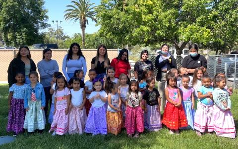 Noli Indian School students who made bird skirts for Soboba Tribal Preschool girls on delivery day at the school on the Soboba Indian Reservation