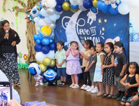 Soboba Tribal Preschool Administrator Lenora “Ponie” Mojado introduces the preschool class to sing a song for their fathers in the Luiseño language Soboba Tribal Preschool Administrator Lenora “Ponie” Mojado introduces the preschool class to sing a song for their fathers in the Luiseño language