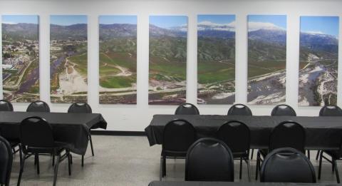 A panoramic view of the Soboba Reservation is reproduced on acoustic panels that decorate the multipurpose room at the newly renovated Donna Way building A panoramic view of the Soboba Reservation is reproduced on acoustic panels that decorate the multipurpose room at the newly renovated Donna Way building