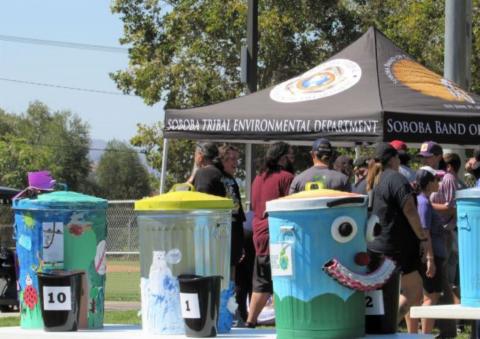 The Soboba Tribal Environmental Department hosted an Earth Day celebration at the Soboba Sports Complex Sept. 30, which included a contest for Noli Indian School students who were asked to decorate trash cans that promoted recycling. Far left tied for third place and far right placed second