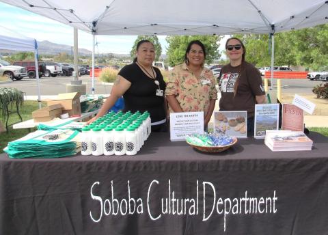 Soboba Cultural Department staff share handouts and information with more than 700 visitors to this year’s Earth Day Celebration. From left, Renee Rhodes, Jessica Valdez, and Lily Brandt Soboba Cultural Department staff share handouts and information with more than 700 visitors to this year’s Earth Day Celebration. From left, Renee Rhodes, Jessica Valdez, and Lily Brandt
