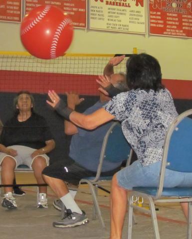 Raina Maciel reaches for the ball during a practice session of the Soboba Elders’ chair volleyball teams at the Soboba Sports Complex on Aug. 6 Raina Maciel reaches for the ball during a practice session of the Soboba Elders’ chair volleyball teams at the Soboba Sports Complex on Aug. 6
