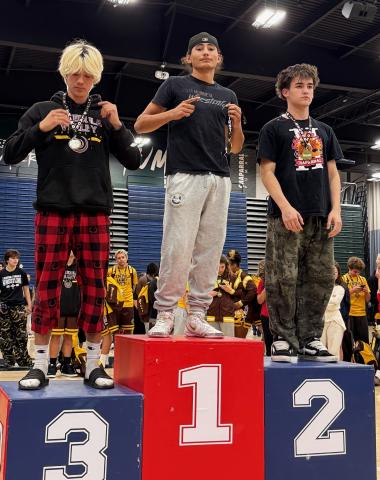 Vista Murrieta High School’s Elvis Herrera stands atop the podium after placing first for Boys JV 150 wrestling at the JV Southwestern League Finals. Placing second was Chaparral’s Maxwell Miles and third place went to Temecula Valley’s Zen Dooley Vista Murrieta High School’s Elvis Herrera stands atop the podium after placing first for Boys JV 150 wrestling at the JV Southwestern League Finals. Placing second was Chaparral’s Maxwell Miles and third place went to Temecula Valley’s Zen Dooley
