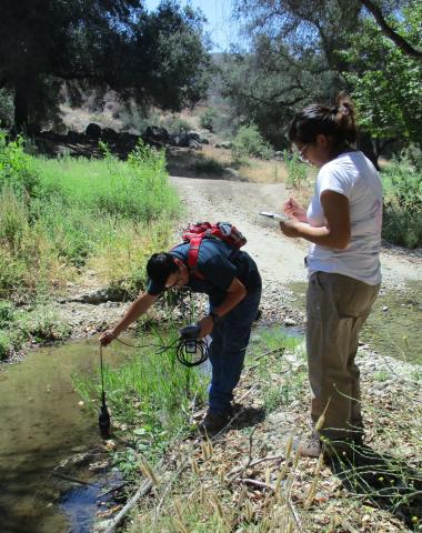Jennifer Salazar collecting data from water testing at Indian Creek on the Soboba Reservation Jennifer Salazar collecting data from water testing at Indian Creek on the Soboba Reservation
