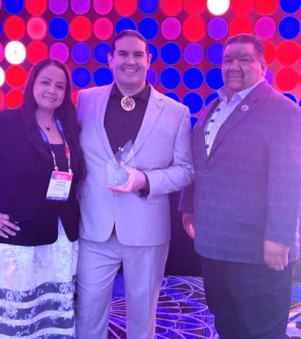 Soboba Tribal Council Vice Chairwoman Geneva Mojado and Chairman Isaiah Vivanco congratulate Steven Estrada, center, after he was presented with The National Center for American Indian Enterprise Development’s 2025 class of Native American 40 Under 40 award Soboba Tribal Council Vice Chairwoman Geneva Mojado and Chairman Isaiah Vivanco congratulate Steven Estrada, center, after he was presented with The National Center for American Indian Enterprise Development’s 2025 class of Native American 40 Under 40 award