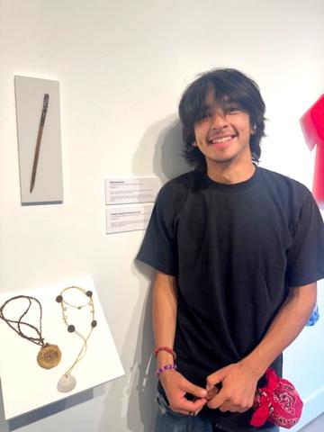 Michael Malone of the Torres Martinez Desert Cahuilla shares the traditional hairpin, upper left, he made that is included in the exhibit at RAFFMA in San Bernardino. Photo courtesy of the Soboba Band of Luiseño Indians Michael Malone of the Torres Martinez Desert Cahuilla shares the traditional hairpin, upper left, he made that is included in the exhibit at RAFFMA in San Bernardino. Photo courtesy of the Soboba Band of Luiseño Indians