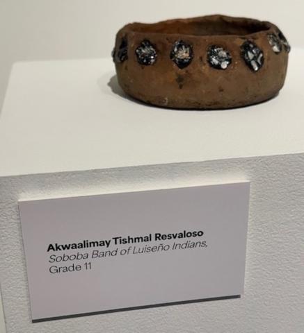 Akwaalimay Resvaloso of Soboba created a clay pot with an abalone and tar inlay. Photo courtesy of the Soboba Band of Luiseño Indians Akwaalimay Resvaloso of Soboba created a clay pot with an abalone and tar inlay. Photo courtesy of the Soboba Band of Luiseño Indians