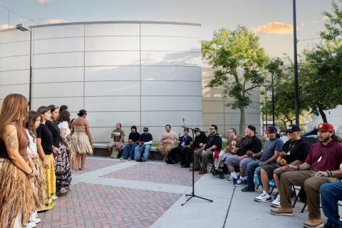 John W. “Snapper” Contreras and family lead birdsinging and dancing during the opening reception’s courtyard program at California State University, San Bernardino. Photo courtesy of CSUSB John W. “Snapper” Contreras and family lead birdsinging and dancing during the opening reception’s courtyard program at California State University, San Bernardino. Photo courtesy of CSUSB