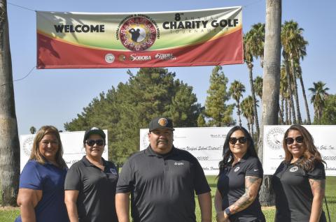 Soboba Foundation members get ready to tee off during the first day of the Soboba Foundation & Soboba Casino Resort 8<sup>th</sup> annual Charity Golf Tournament at the Soboba Springs Golf Course on August 30. From left, President Dondi Silvas, Member-at-Large Sally Moreno-Ortiz, Member-at-Large and Tournament Director Isaiah Vivanco, Member-at-Large Monica Herrera and Secretary Michelle Modesto. (All were asked to remove their face coverings for the photo.) Soboba Foundation members get ready to tee off during the first day of the Soboba Foundation & Soboba Casino Resort 8<sup>th</sup> annual Charity Golf Tournament at the Soboba Springs Golf Course on August 30. From left, President Dondi Silvas, Member-at-Large Sally Moreno-Ortiz, Member-at-Large and Tournament Director Isaiah Vivanco, Member-at-Large Monica Herrera and Secretary Michelle Modesto. (All were asked to remove their face coverings for the photo.)