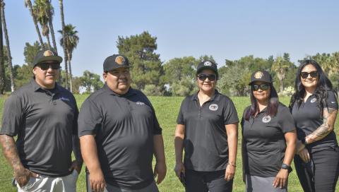 Soboba Tribal Council members were on hand to mark the start of this year’s three-day charity golf tournament at Soboba Springs Golf Course. From left, Sergeant at Arms Daniel Valdez, Chairman Isaiah Vivanco (who also served as Tournament Director), Treasurer Sally Moreno-Ortiz, Vice-Chair Geneva Mojado and Secretary Monica Herrera. (All were asked to remove their face coverings for the photo.) Soboba Tribal Council members were on hand to mark the start of this year’s three-day charity golf tournament at Soboba Springs Golf Course. From left, Sergeant at Arms Daniel Valdez, Chairman Isaiah Vivanco (who also served as Tournament Director), Treasurer Sally Moreno-Ortiz, Vice-Chair Geneva Mojado and Secretary Monica Herrera. (All were asked to remove their face coverings for the photo.)