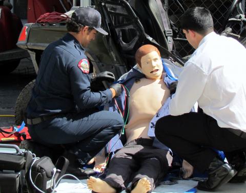 Soboba Fire’s Joey Mendoza, left, assists a paramedic candidate with his skills testing on a state-of-the-art mannequin during a recent day of hiring at the Soboba Reservation Soboba Fire’s Joey Mendoza, left, assists a paramedic candidate with his skills testing on a state-of-the-art mannequin during a recent day of hiring at the Soboba Reservation