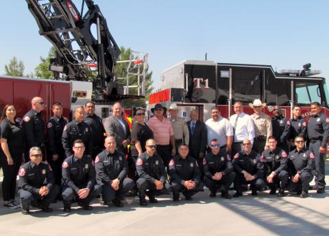 Members of Soboba Fire, Soboba Tribal Council and other dignitaries stand in front of the department’s new Tiller Truck during the official opening of the new facility on June 7 Members of Soboba Fire, Soboba Tribal Council and other dignitaries stand in front of the department’s new Tiller Truck during the official opening of the new facility on June 7