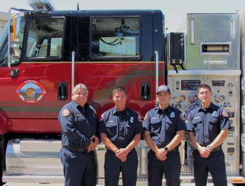 Soboba Fire Department personnel on duty with the new Type 3 fire engine include, from left, Chief Randy Sandoval, Captain Raul Licon, Engineer Joey Mendoza and Firefighter/Paramedic Jesse Landaverde Soboba Fire Department personnel on duty with the new Type 3 fire engine include, from left, Chief Randy Sandoval, Captain Raul Licon, Engineer Joey Mendoza and Firefighter/Paramedic Jesse Landaverde