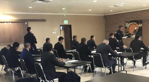 Applicants for Soboba Fire Department firefighter EMTs and paramedics listen to instructions at the Soboba Reservation’s Tribal Hall before taking their written exam on April 13 Applicants for Soboba Fire Department firefighter EMTs and paramedics listen to instructions at the Soboba Reservation’s Tribal Hall before taking their written exam on April 13