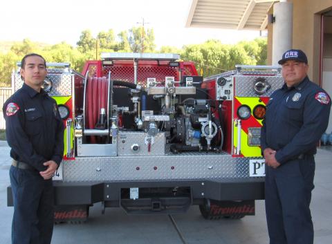 Firefighter Glenn Lindsey, left, and Fire Captain Jacob Briones show the firefighting tools available on the patrol truck that was recently added to the Soboba Fire Department’s fleet Firefighter Glenn Lindsey, left, and Fire Captain Jacob Briones show the firefighting tools available on the patrol truck that was recently added to the Soboba Fire Department’s fleet