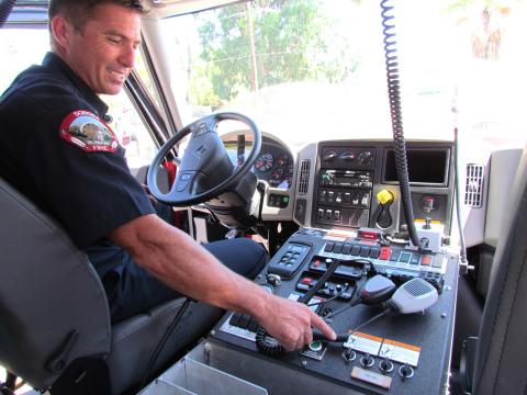 Soboba Fire Captain Raul Licon explains the functions of the communications console that was customized for the Type 3 brush fire engine the department recently added Soboba Fire Captain Raul Licon explains the functions of the communications console that was customized for the Type 3 brush fire engine the department recently added