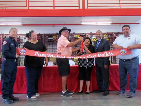 A ribbon cutting marked the official grand opening of the Soboba Band of Luiseño Indians Fire Station No. 1 on June 7. From left, Fire Caption Roger Salmo, Tribal Council Treasurer Kelli Hurtado, Tribal Council Chairman Scott Cozart, Tribal Council Member at Large Rose Salgado, Riverside County Supervisor Chuck Washington and Tribal Council Vice Chair Isaiah Vivanco. The Luiseño language ribbon translates as: Welcome to Soboba Fire House A ribbon cutting marked the official grand opening of the Soboba Band of Luiseño Indians Fire Station No. 1 on June 7. From left, Fire Caption Roger Salmo, Tribal Council Treasurer Kelli Hurtado, Tribal Council Chairman Scott Cozart, Tribal Council Member at Large Rose Salgado, Riverside County Supervisor Chuck Washington and Tribal Council Vice Chair Isaiah Vivanco. The Luiseño language ribbon translates as: Welcome to Soboba Fire House