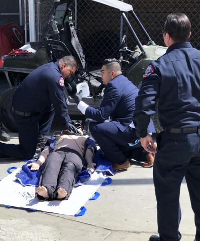 Soboba Fire’s Jacob Briones, left, assists during a skills test for EMTs at the Soboba Reservation on April 13 Soboba Fire’s Jacob Briones, left, assists during a skills test for EMTs at the Soboba Reservation on April 13