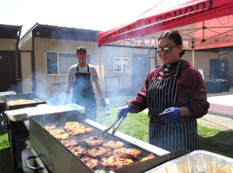 Perry Deronde and Chef Anita Morillo grill homegrown pork chops and marinated chicken alongside other members of the Soboba cooking staff Perry Deronde and Chef Anita Morillo grill homegrown pork chops and marinated chicken alongside other members of the Soboba cooking staff