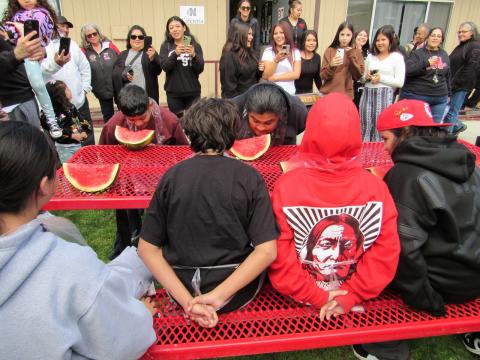 A watermelon eating contest gets a lot of support for entrants at the 18th annual Gathering of the People A watermelon eating contest gets a lot of support for entrants at the 18th annual Gathering of the People