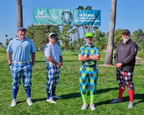 Well suited for a day on the Soboba Springs Golf Course are, from left, Dan Mayorgas (MPE Consulting), Denny Hirzel (MPE Consulting), Charles Berglund (Soboba Casino Resort), and Will Robinson (Laser Electric). This foursome has played the tournament together four years in a row. Photo courtesy of StylePhotography by Alex Tapia Well suited for a day on the Soboba Springs Golf Course are, from left, Dan Mayorgas (MPE Consulting), Denny Hirzel (MPE Consulting), Charles Berglund (Soboba Casino Resort), and Will Robinson (Laser Electric). This foursome has played the tournament together four years in a row. Photo courtesy of StylePhotography by Alex Tapia