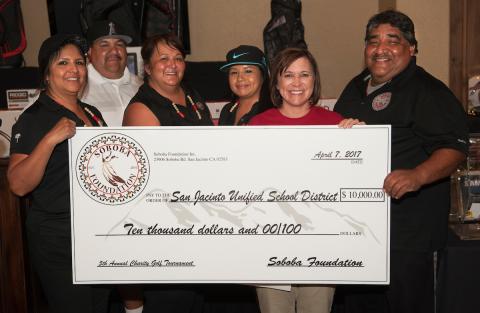 San Jacinto Unified School District was one of seven nonprofits that benefited from the annual golf tournament at Soboba Springs. From left, Sally Ortiz, Isaiah Vivanco, Dondi Silvas, Geneva Mojado, SJUSD Superintendent Diane Perez and Patrick Placencia San Jacinto Unified School District was one of seven nonprofits that benefited from the annual golf tournament at Soboba Springs. From left, Sally Ortiz, Isaiah Vivanco, Dondi Silvas, Geneva Mojado, SJUSD Superintendent Diane Perez and Patrick Placencia