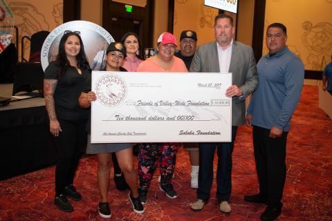 Dean Wetter, second from right, was grateful to receive $10,000 on behalf of the Friends of Valley-Wide Foundation, one of 10 nonprofits that benefited from the Soboba Foundation Charity Golf Tournament in 2019. Photo courtesy of Michael Leone Photography. Dean Wetter, second from right, was grateful to receive $10,000 on behalf of the Friends of Valley-Wide Foundation, one of 10 nonprofits that benefited from the Soboba Foundation Charity Golf Tournament in 2019. Photo courtesy of Michael Leone Photography.