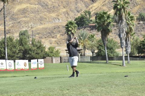 A golfer takes a swing on the first of three days of the Soboba Foundation & Soboba Casino Resort 8th annual Charity Golf Tournament that benefitted local nonprofit organizations A golfer takes a swing on the first of three days of the Soboba Foundation & Soboba Casino Resort 8th annual Charity Golf Tournament that benefitted local nonprofit organizations