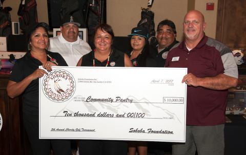Soboba Foundation members, from left, Sally Ortiz, Isaiah Vivanco, Dondi Silvas, Geneva Mojado and Patrick Placencia present Community Pantry’s executive director, Jim Lineberger, with a $10,000 check at its fifth annual charity golf tournament on April 7 Soboba Foundation members, from left, Sally Ortiz, Isaiah Vivanco, Dondi Silvas, Geneva Mojado and Patrick Placencia present Community Pantry’s executive director, Jim Lineberger, with a $10,000 check at its fifth annual charity golf tournament on April 7