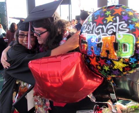 Noli Indian School valedictorian Larissa Lugo, left and salutatorian Ciara Herbert congratulate each other after their commencement ceremony on June 7 at the Soboba Outdoor Arena Noli Indian School valedictorian Larissa Lugo, left and salutatorian Ciara Herbert congratulate each other after their commencement ceremony on June 7 at the Soboba Outdoor Arena