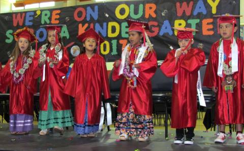 Kindergartners perform a song for friends and family during their graduation ceremony at the Soboba Sports Complex on June 2.  From left, Alana Kashersky, Jordyn Placencia, Elizabeth Lehuede, Gemma Mazza, Mathias Modesto and Nowaniiki Resvaloso Kindergartners perform a song for friends and family during their graduation ceremony at the Soboba Sports Complex on June 2.  From left, Alana Kashersky, Jordyn Placencia, Elizabeth Lehuede, Gemma Mazza, Mathias Modesto and Nowaniiki Resvaloso