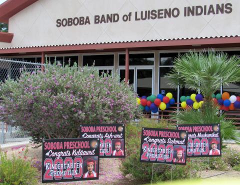 Soboba Tribal Preschool kindergartners were welcomed to a personalized promotion ceremony on June 25 with colorful balloons and lawn signs for each student Soboba Tribal Preschool kindergartners were welcomed to a personalized promotion ceremony on June 25 with colorful balloons and lawn signs for each student