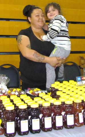 Shay Arviso and her three-year-old son, Elijah Arviso, shared the benefits of local honey at Soboba’s Community Health Fair on March 8 Shay Arviso and her three-year-old son, Elijah Arviso, shared the benefits of local honey at Soboba’s Community Health Fair on March 8