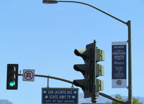 A streetlight post banner in downtown San Jacinto helps promote San Jacinto Heritage Month