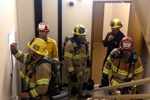 Firefighters stage at Soboba Hotel’s fifth floor stairwell during a high-rise incident drill on Nov. 8. Photo courtesy of Karina R. Espinoza photo Firefighters stage at Soboba Hotel’s fifth floor stairwell during a high-rise incident drill on Nov. 8. Photo courtesy of Karina R. Espinoza photo