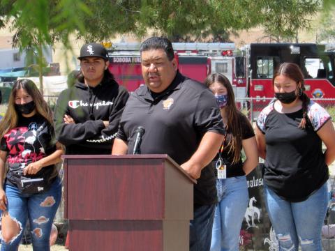 Soboba Tribal Council Chairman Isaiah Vivanco speaks while Soboba Youth Council members listen during a Memorial Day ceremony on May 31 at the Soboba Cemetery Soboba Tribal Council Chairman Isaiah Vivanco speaks while Soboba Youth Council members listen during a Memorial Day ceremony on May 31 at the Soboba Cemetery
