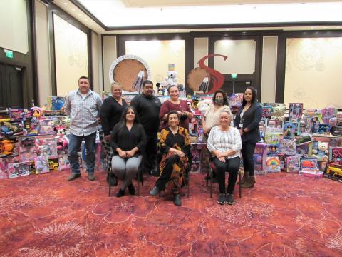 Soboba Elders stepped up and donated 400 additional toys to the Soboba Gives Back! Toy Drive that benefits local families. Back row, from left, Daniel Valdez, Dondi Silvas, Isaiah Vivanco, Kelli Hurtado, Pamela Valdez and Geneva Mojado. Seated, from left, Sally Ortiz, Susan Soza and Rosemary Morillo