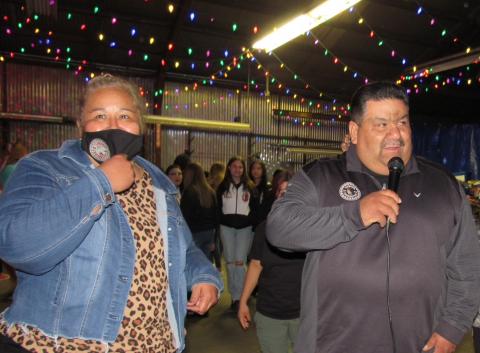 Soboba Foundation President Dondi Silvas, left and Tribal Chairman Isaiah Vivanco thank the hundreds of community volunteers who helped “unstuff the bus” at San Jacinto Unified School District’s warehouse on Nov. 29 Soboba Foundation President Dondi Silvas, left and Tribal Chairman Isaiah Vivanco thank the hundreds of community volunteers who helped “unstuff the bus” at San Jacinto Unified School District’s warehouse on Nov. 29