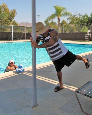 Francie Diaz watches instructor Daniel Mazza during a recent water aerobics class at the Soboba Sports Complex swimming pool Francie Diaz watches instructor Daniel Mazza during a recent water aerobics class at the Soboba Sports Complex swimming pool