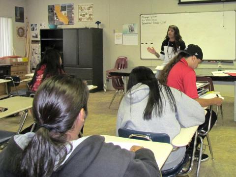 Tashina Ornelas talks about traditional ceremonies during a recent meeting of her California Indian History class at Noli Indian School at the Soboba Reservation Tashina Ornelas talks about traditional ceremonies during a recent meeting of her California Indian History class at Noli Indian School at the Soboba Reservation
