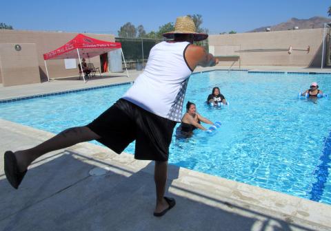 Instructor Daniel Mazza gives directions to water aerobics participants at the Soboba Sports Complex pool on Sept. 3 Instructor Daniel Mazza gives directions to water aerobics participants at the Soboba Sports Complex pool on Sept. 3
