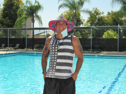 Daniel Mazza, a fitness specialist with Riverside-San Bernardino County Indian Health Inc., is teaching water aerobics classes at the Soboba Sports Complex swimming pool. He removed his face mask for the photograph Daniel Mazza, a fitness specialist with Riverside-San Bernardino County Indian Health Inc., is teaching water aerobics classes at the Soboba Sports Complex swimming pool. He removed his face mask for the photograph