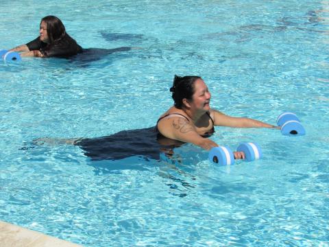 Teakwitha Briones McKay, in front, enjoys the water aerobics classes offered at the Soboba Sports Complex pool, as does Aurelia Mendoza, at left Teakwitha Briones McKay, in front, enjoys the water aerobics classes offered at the Soboba Sports Complex pool, as does Aurelia Mendoza, at left