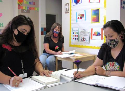 About 10 Soboba Tribal Preschool staff members are learning the Luiseño language during weekly classes that began in June and will last until the end of the year. From left, teacher Ana Garcia, director Dianne King and teacher Melissa Arviso review their notes after a recent class on August 12 About 10 Soboba Tribal Preschool staff members are learning the Luiseño language during weekly classes that began in June and will last until the end of the year. From left, teacher Ana Garcia, director Dianne King and teacher Melissa Arviso review their notes after a recent class on August 12