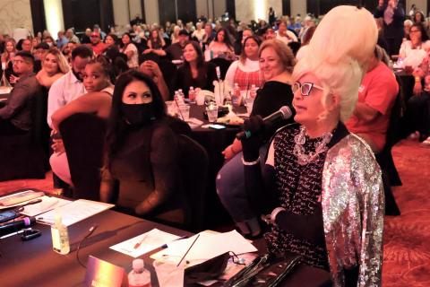 Judge Bella da Ball critiques one of the performances while fellow judge Monica Herrera looks on during the 13th annual Lip Sync Contest at the Soboba Casino Resort Event Center Judge Bella da Ball critiques one of the performances while fellow judge Monica Herrera looks on during the 13th annual Lip Sync Contest at the Soboba Casino Resort Event Center